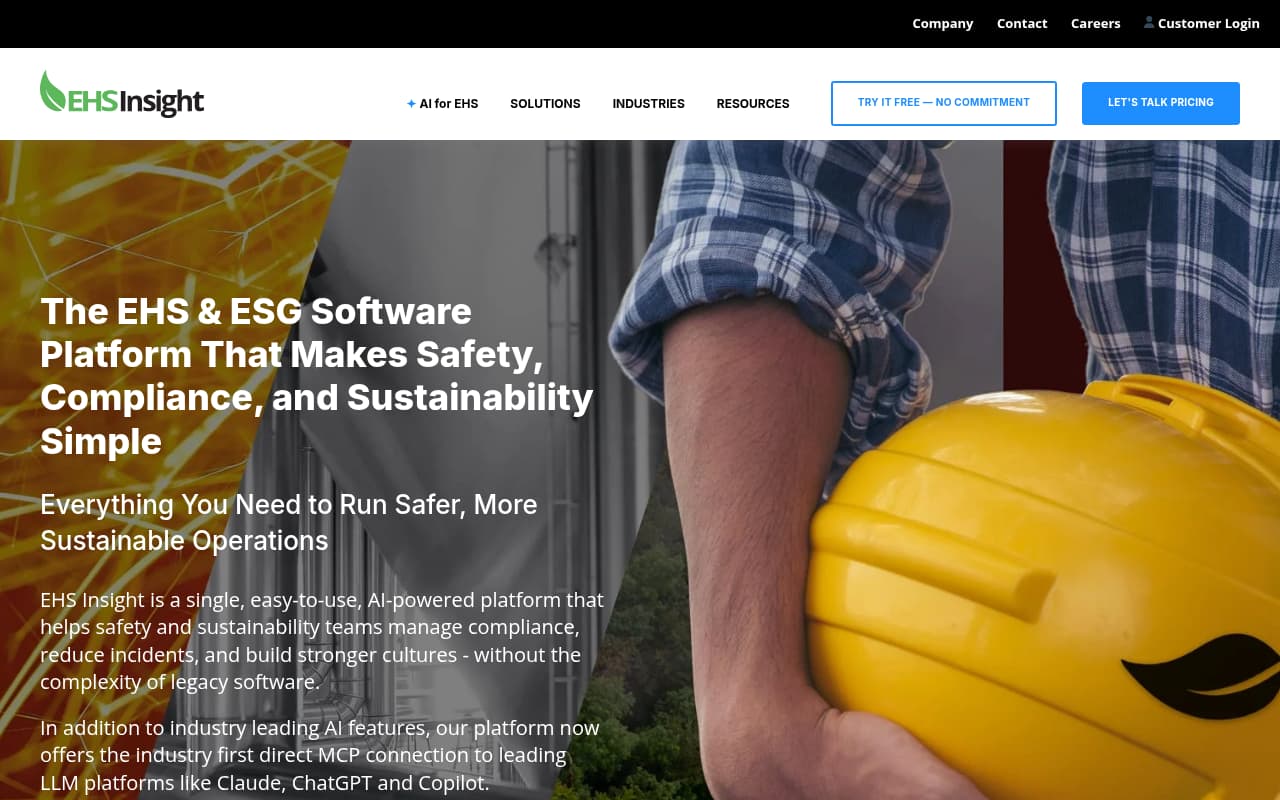 EHS Insight public website, above the fold