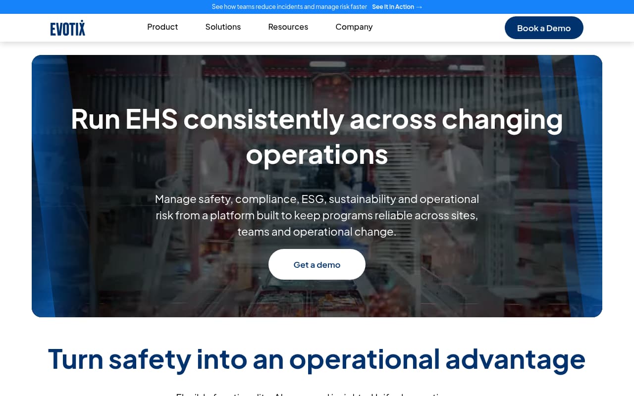 Evotix public website, above the fold