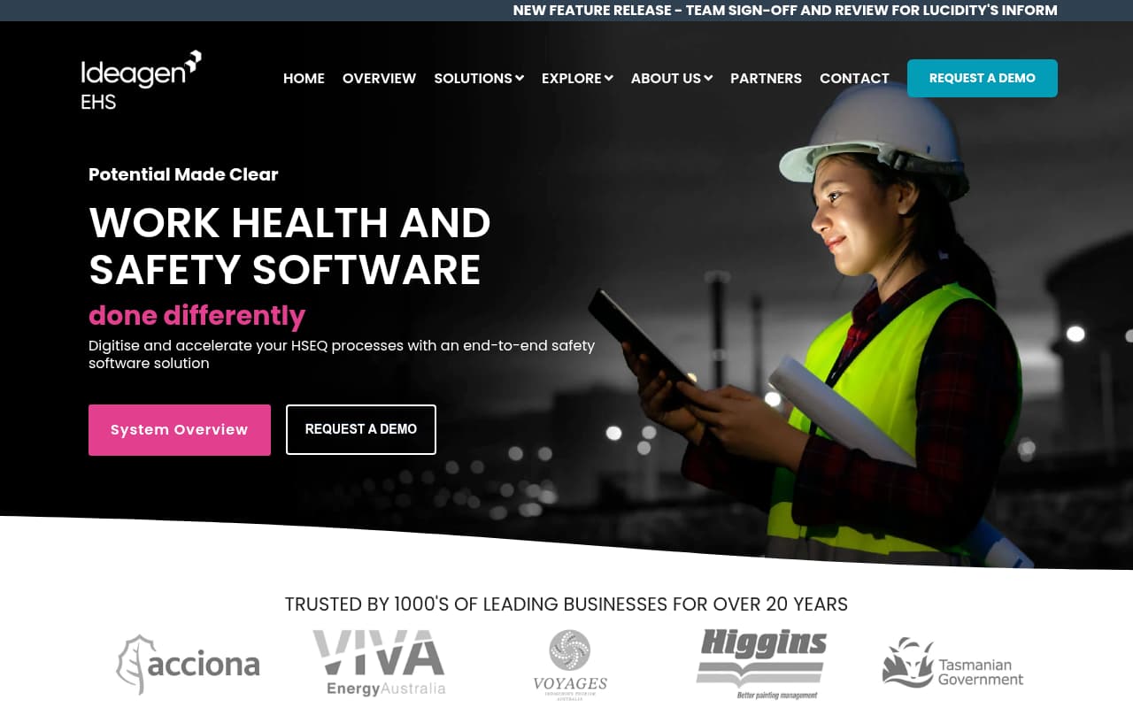 Ideagen EHS (formerly Lucidity) public website, above the fold