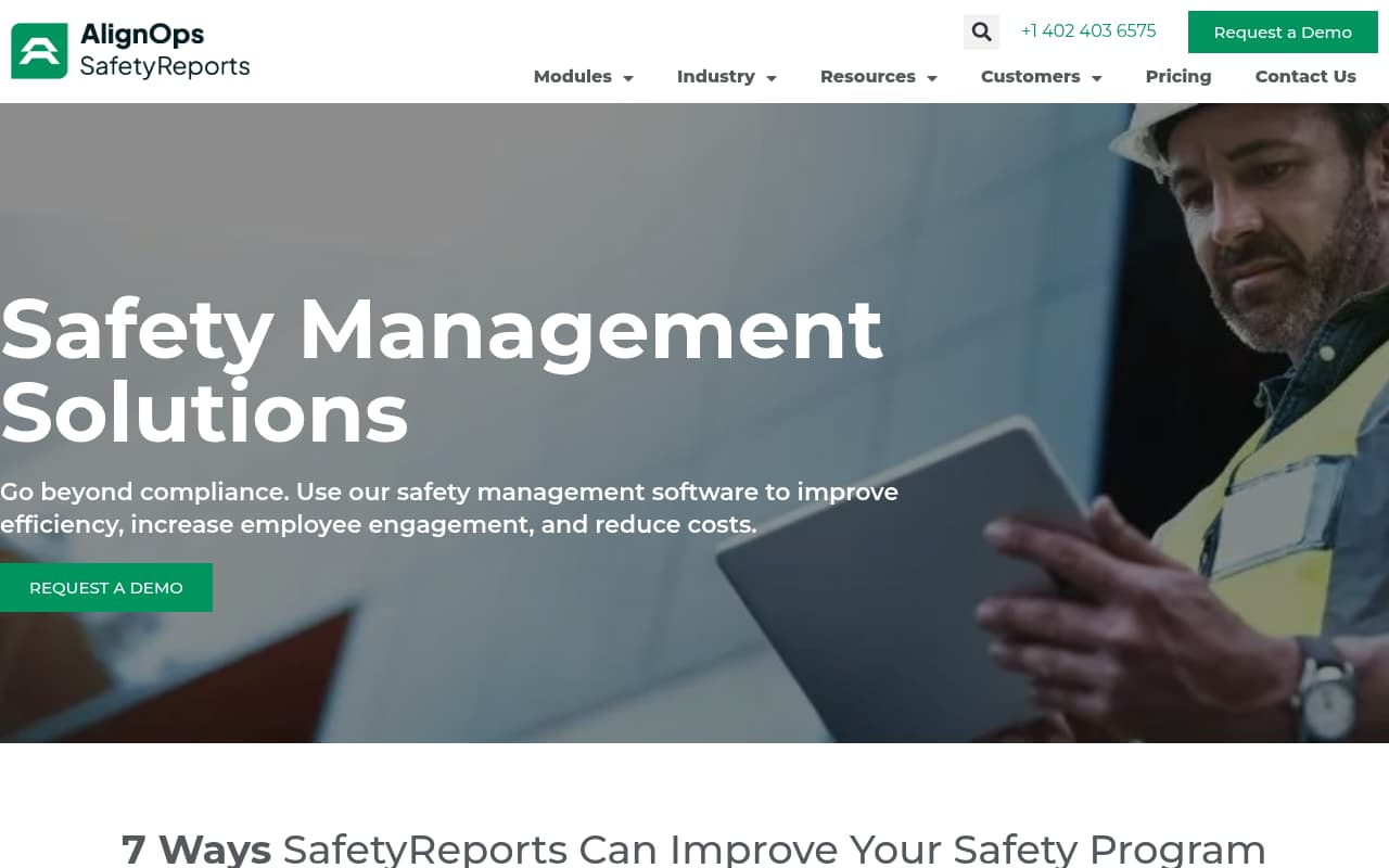 SafetyReports (AlignOps) public website, above the fold