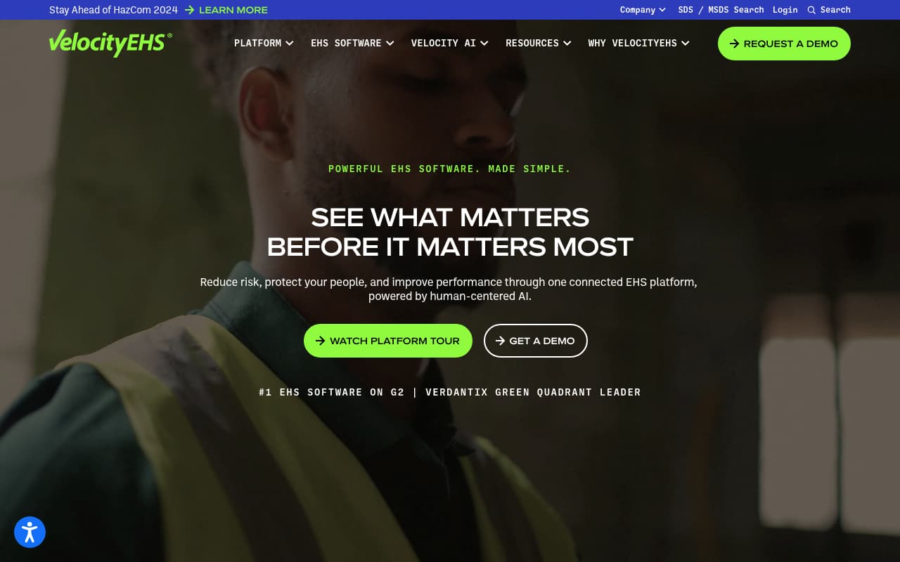 VelocityEHS public website, above the fold