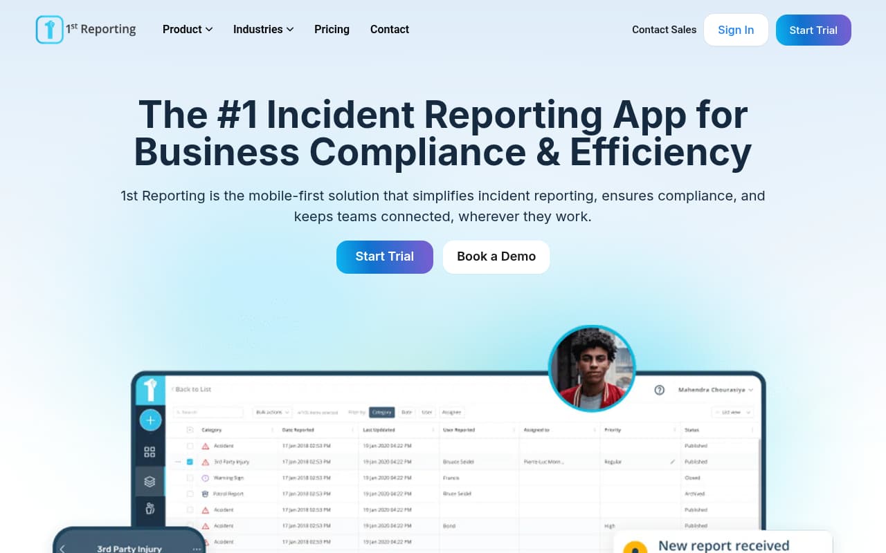 1st Reporting safety management software interface