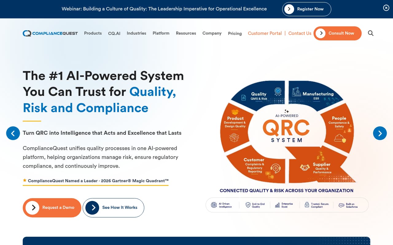 ComplianceQuest public website, above the fold