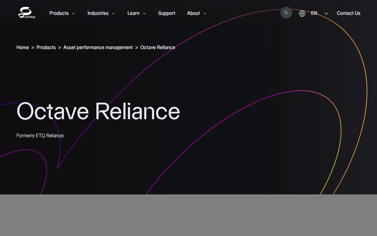 Octave Reliance (formerly ETQ Reliance) public website, above the fold