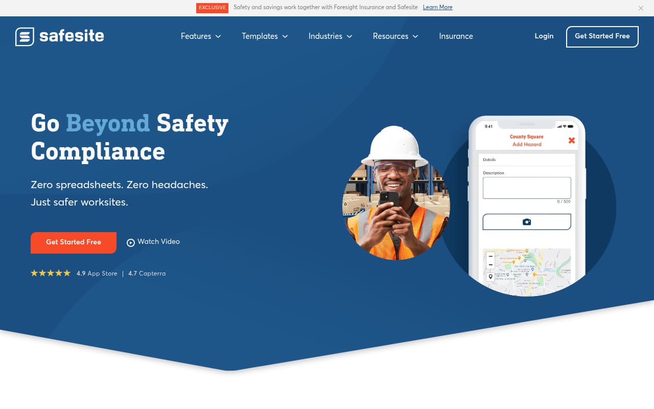 Safesite public website, above the fold