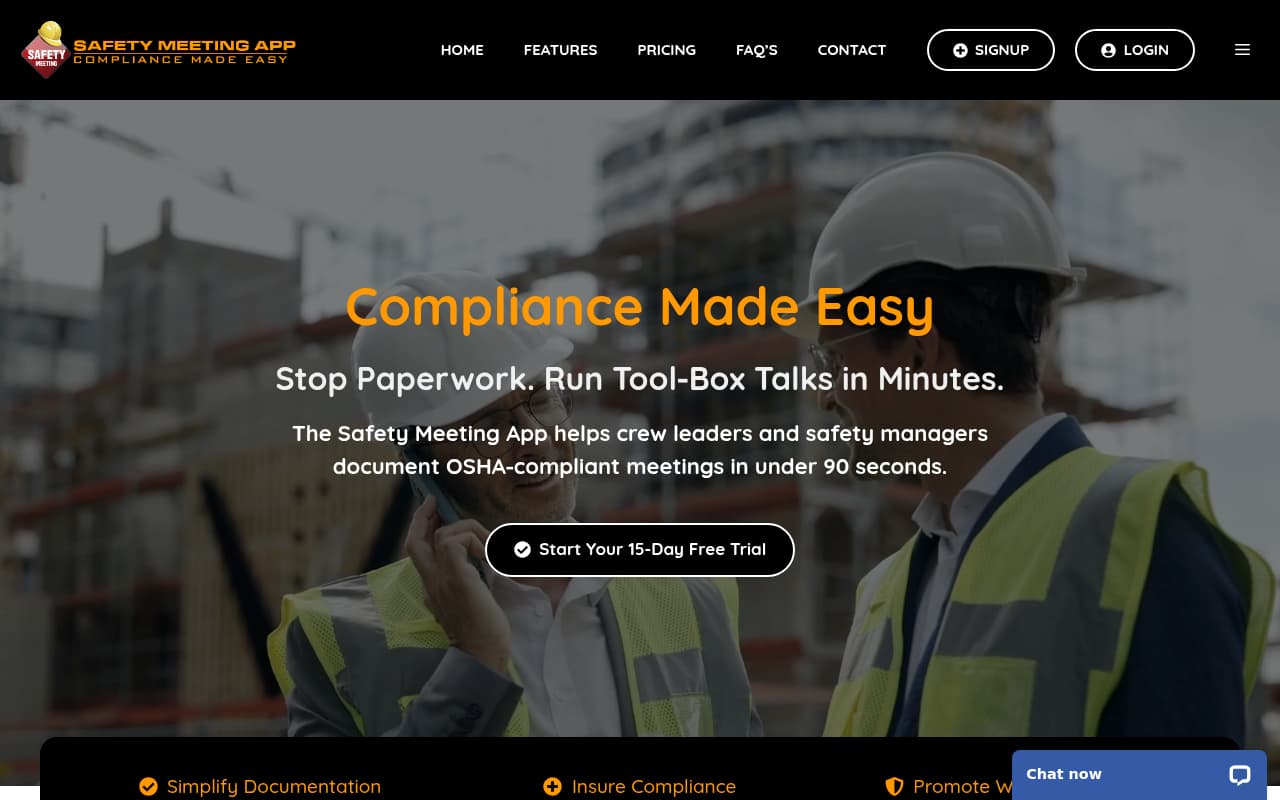 Safety Meeting App public website, above the fold