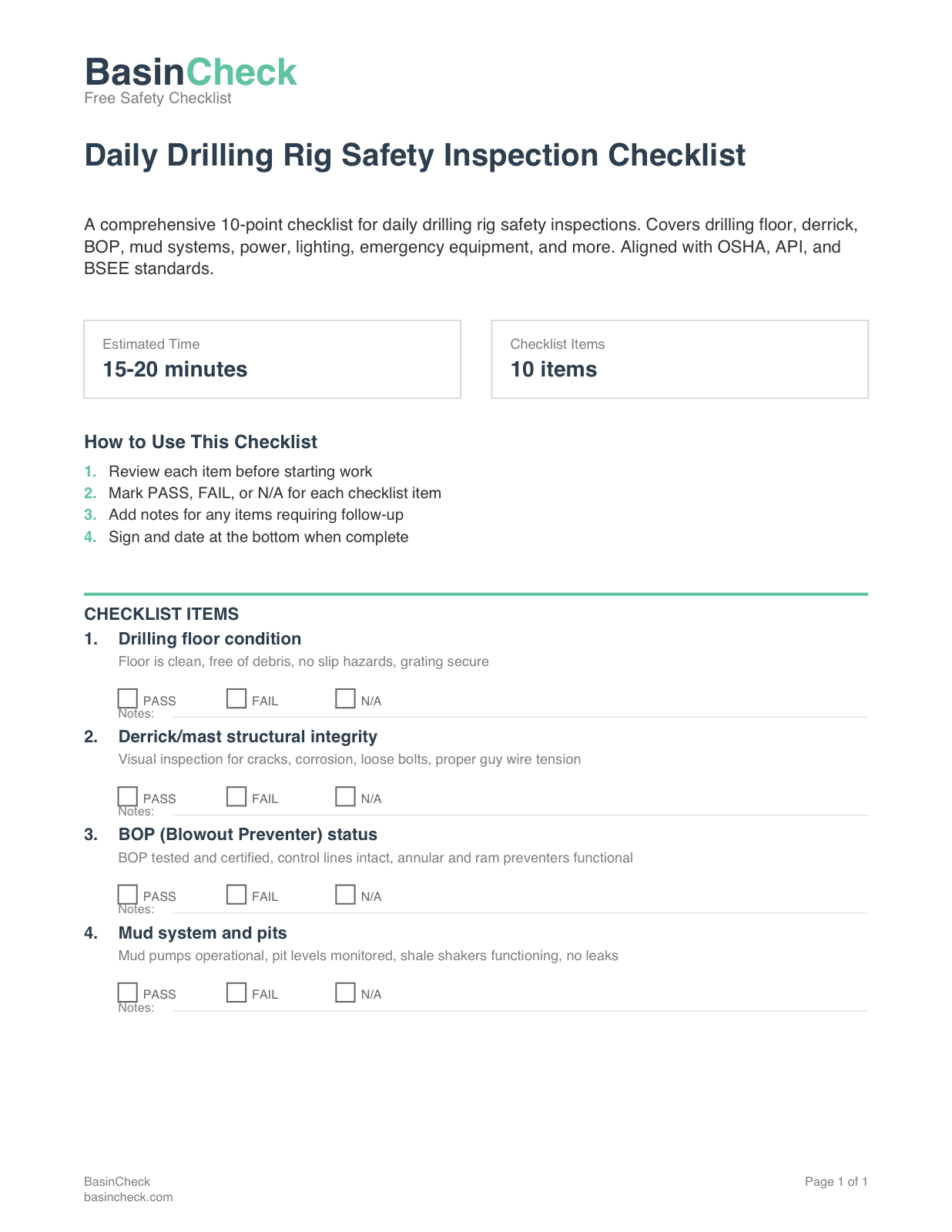 Directional Drilling Rig Inspection Checklist Form.pdf Rig Checklist | Free PDF | BasinCheck