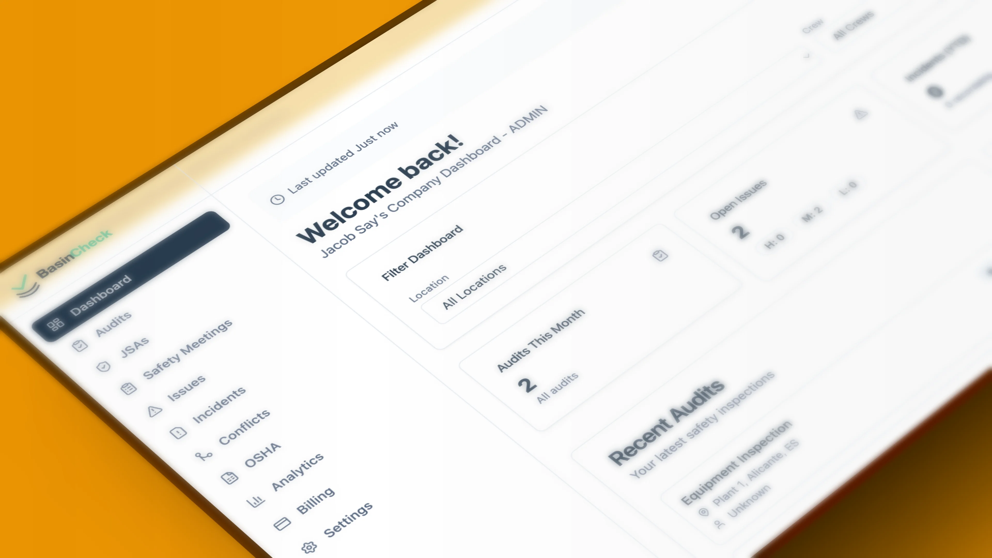 BasinCheck analytics dashboard on iPad showing compliance score, incident trends, and audit completion rates