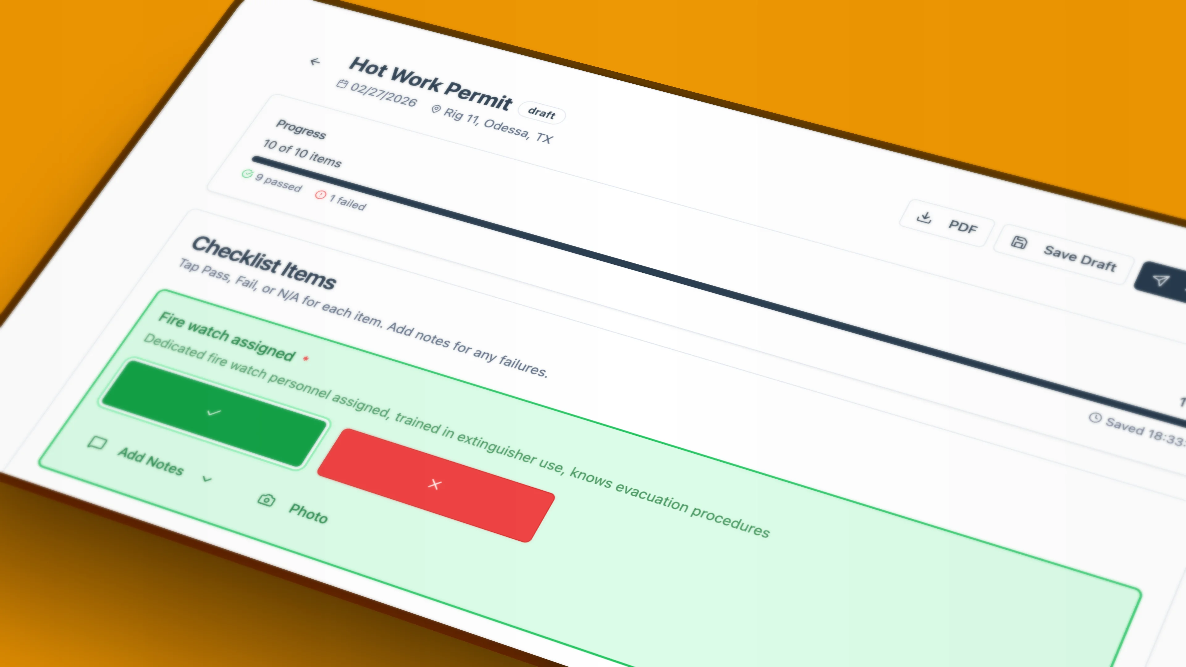 BasinCheck hot work permit audit interface on iPad showing checklist items, photo attachments, and compliance scoring