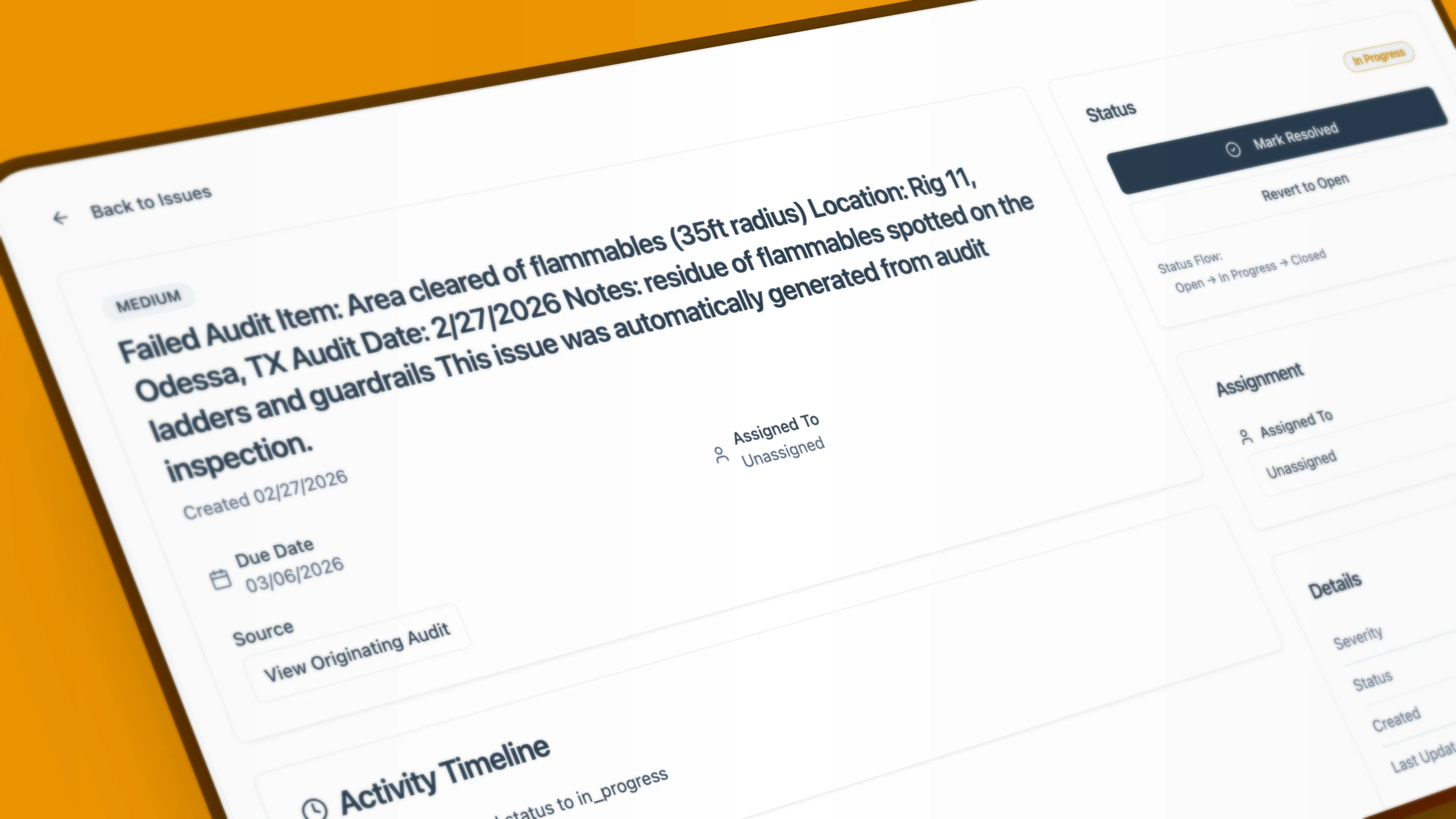 BasinCheck corrective action detail view on iPad showing issue status, assignee, due date, and resolution notes